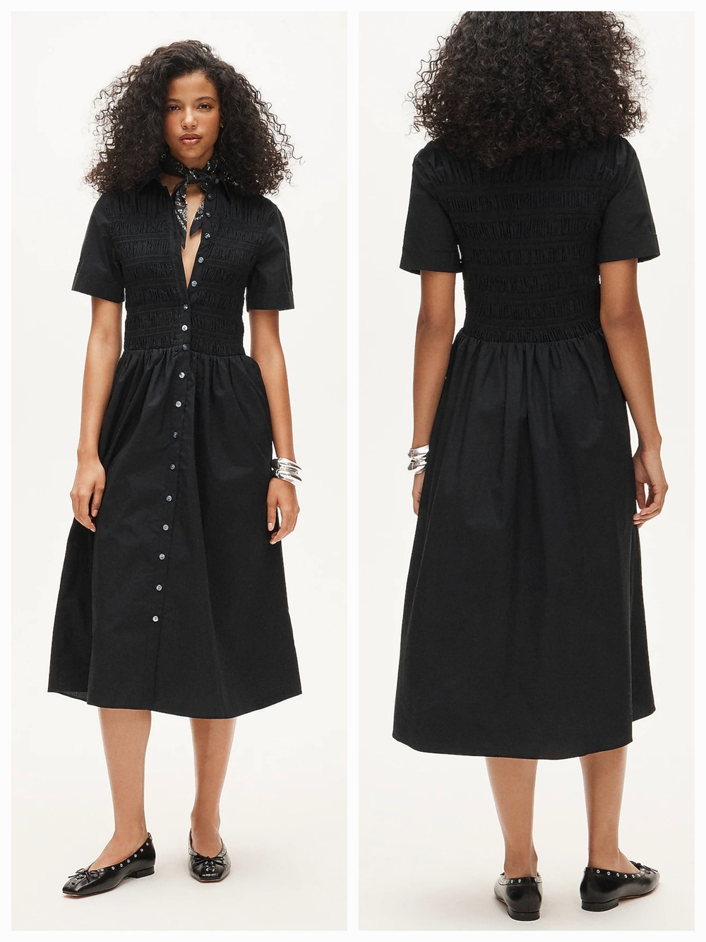 J.CREW Dress Womens LP Black Cotton Poplin Elsie Pockets Smocked Midi Academia